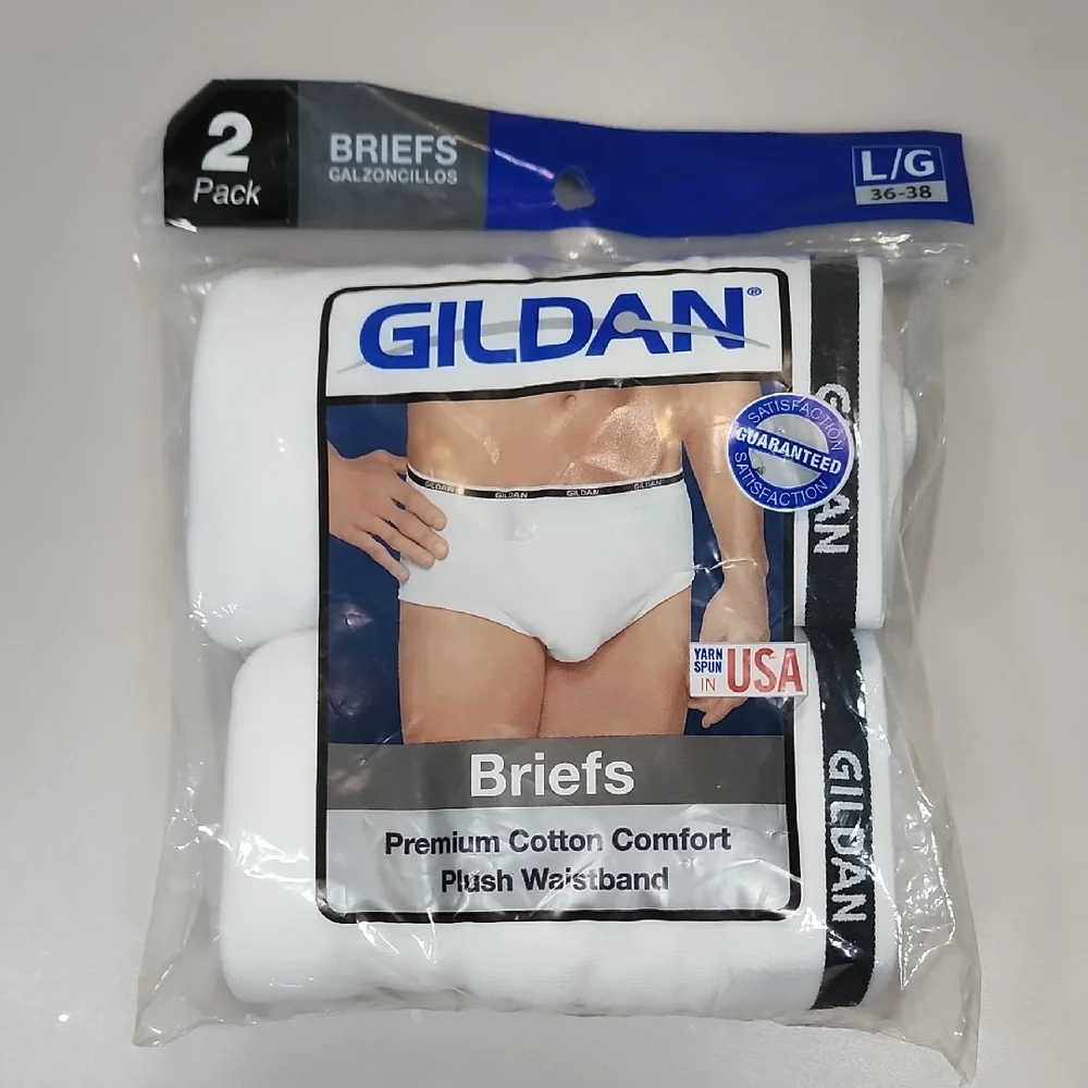 Gildan White Men’s Briefs 2-Pack with Black Branded Waistband - Picture 1 of 3